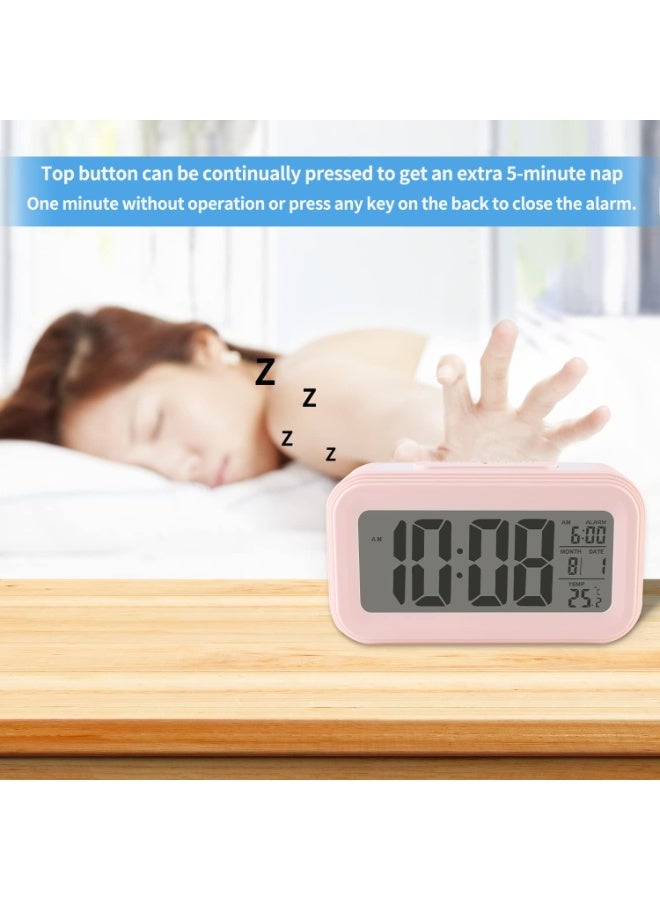 A small pink LCD electronic clock that displays the time, date, indoor temperature (-9.9 to 50 degrees Celsius), alarm with a 5-minute "snooze", supports 12/24 hours, ideal for the office, bedroom or kitchen with a stylish and simple design. - Image 2